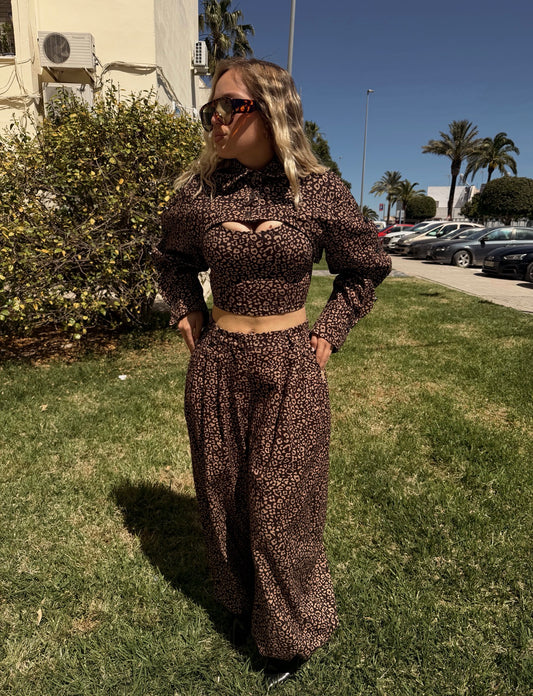 Conjunto 3Piezas Denim Leopardo Marrón